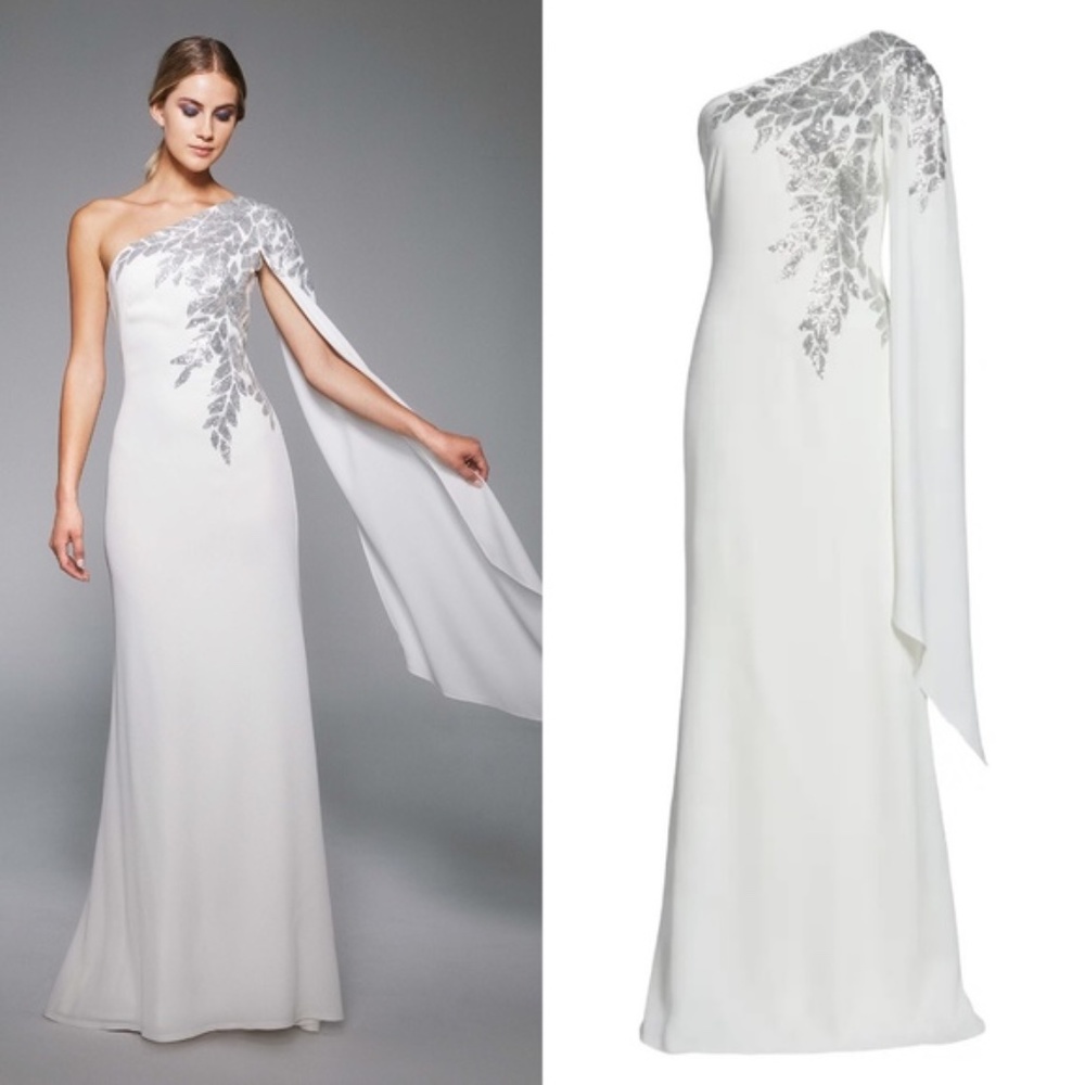 Tadashi Shoji Embellished One Shoulder Gown Size 14